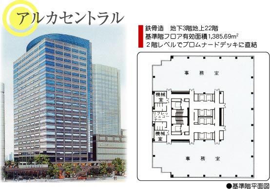 アルカセントラル：鉄骨造　地下３階地上22階／基準階フロア有効面積1,385.69㎡／２階レベルでプロムナードデッキに直結